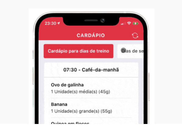 Cardápio personalizado no aplicativo, com refeições e porções